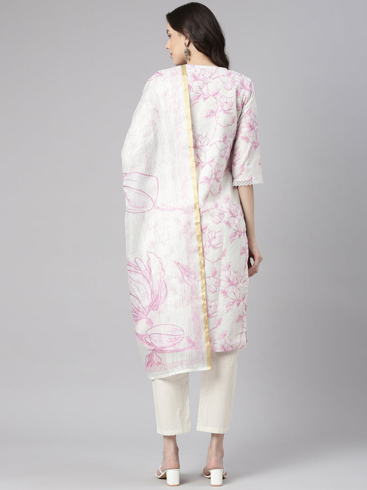 Neerus Lavender Printed Straight Kurta and Trousers With Dupatta