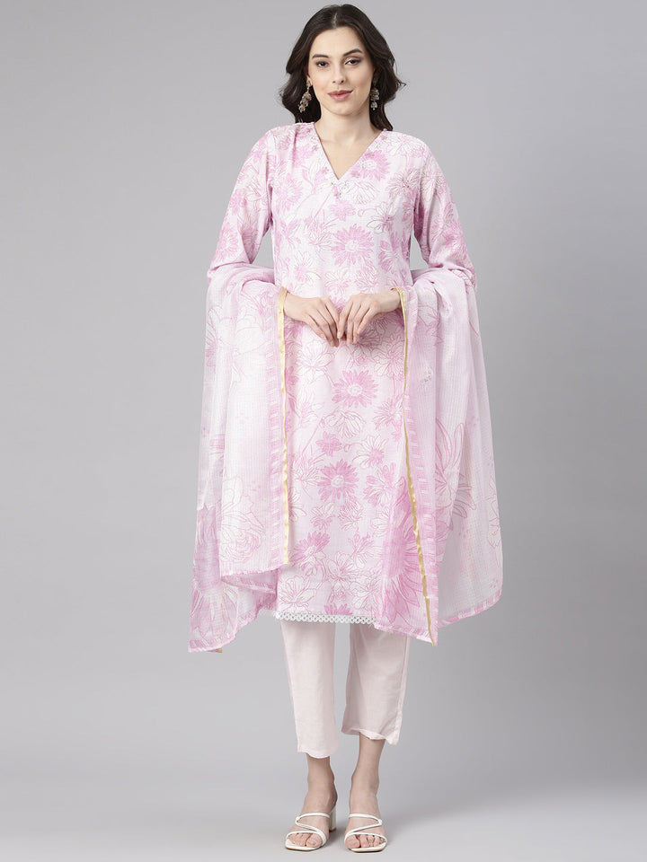 Neerus Lavender Printed Straight Kurta and Trousers With Dupatta