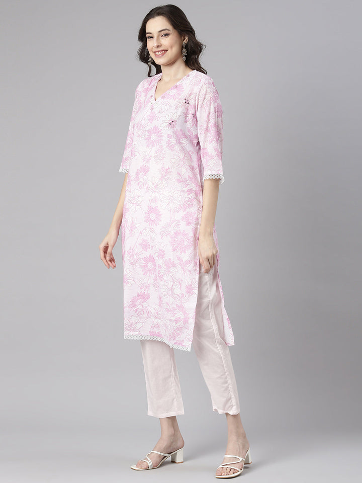 Neerus Lavender Printed Straight Kurta and Trousers With Dupatta