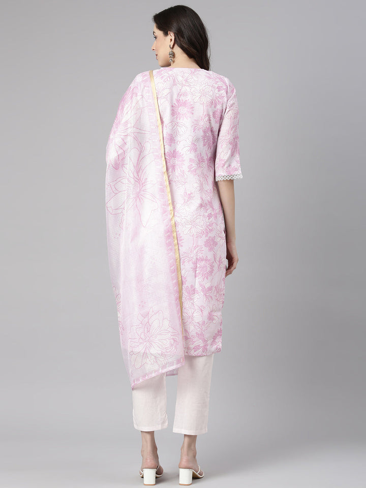 Neerus Lavender Printed Straight Kurta and Trousers With Dupatta
