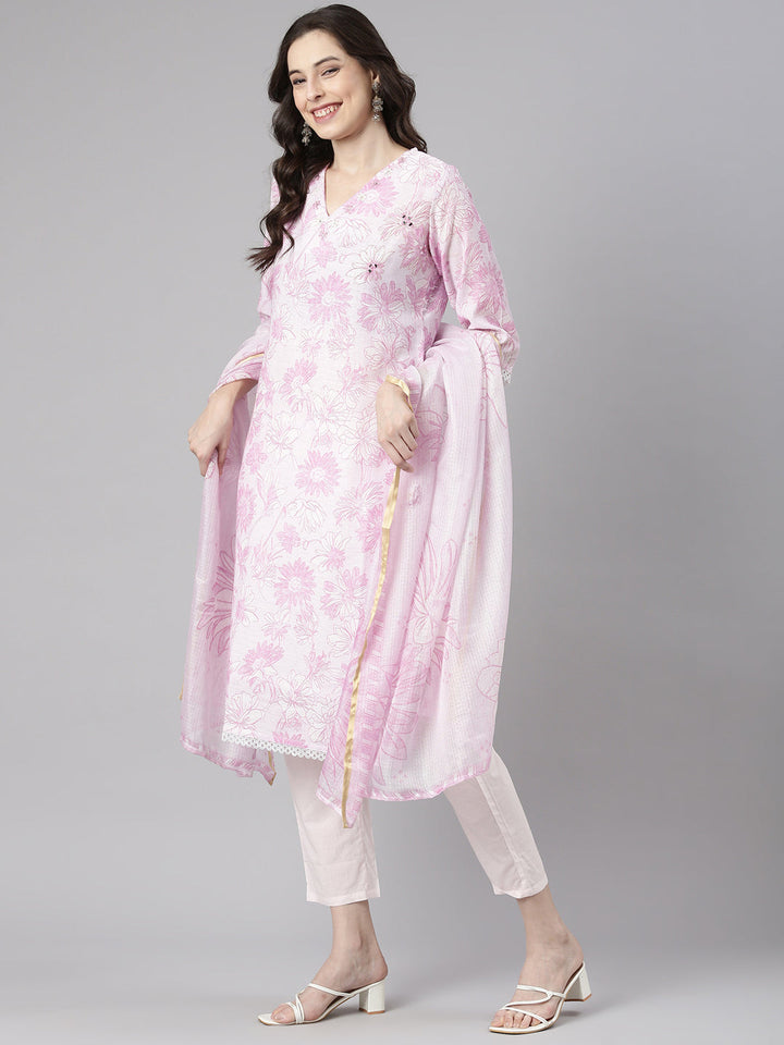 Neerus Lavender Printed Straight Kurta and Trousers With Dupatta