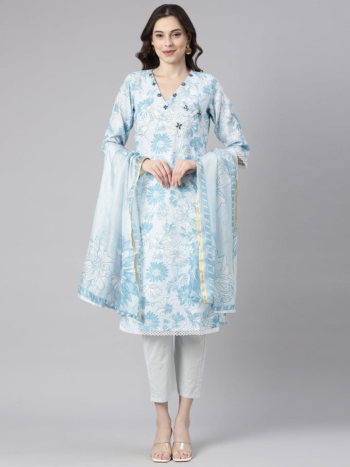 Neerus Blue Printed Straight Kurta and Trousers With Dupatta