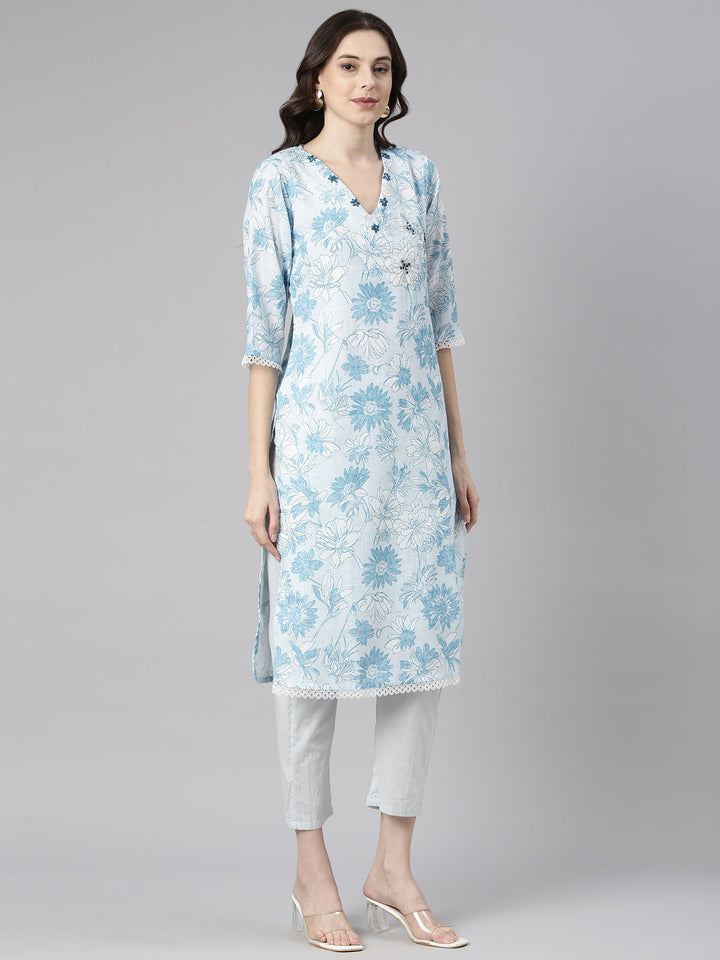 Neerus Blue Printed Straight Kurta and Trousers With Dupatta