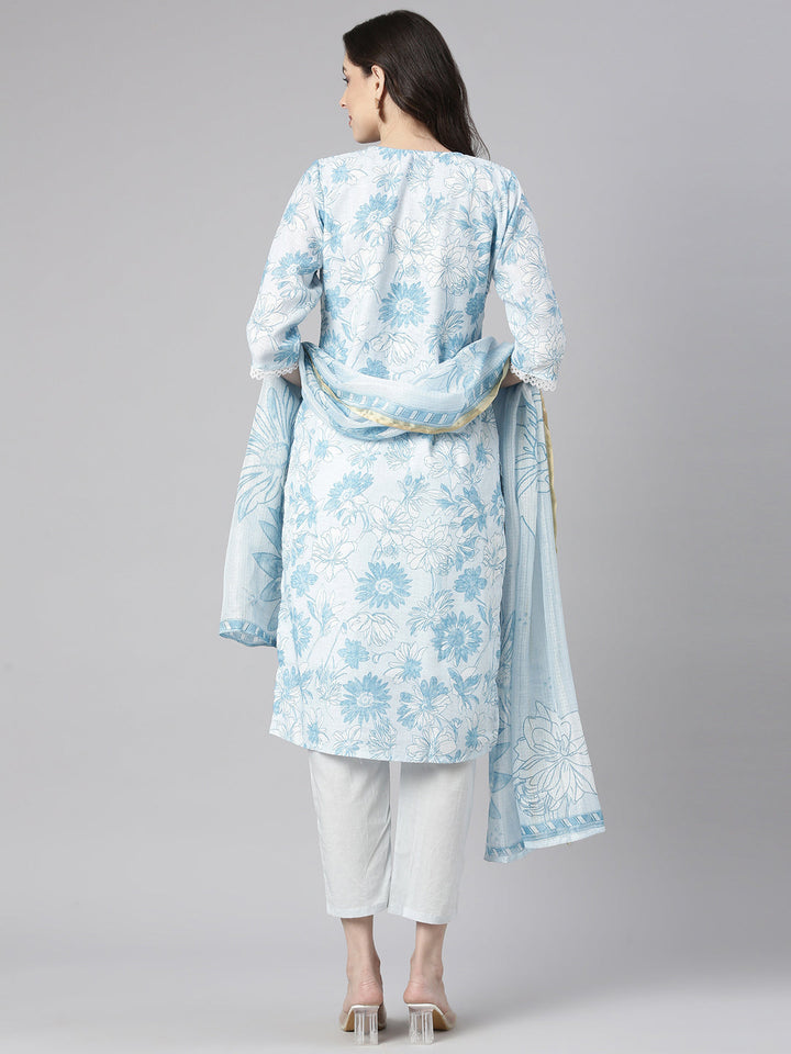 Neerus Blue Printed Straight Kurta and Trousers With Dupatta