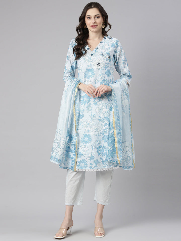 Neerus Blue Printed Straight Kurta and Trousers With Dupatta