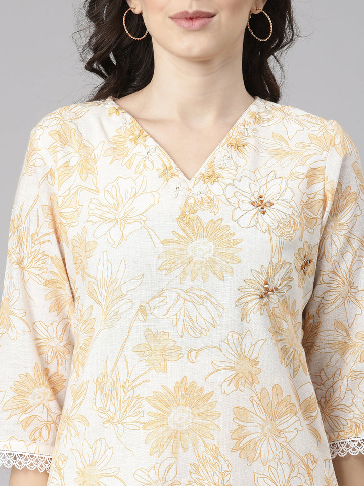 Neerus Yellow Printed Straight Kurta and Trousers With Dupatta