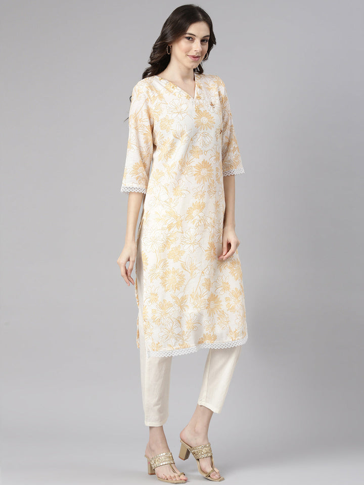 Neerus Yellow Printed Straight Kurta and Trousers With Dupatta