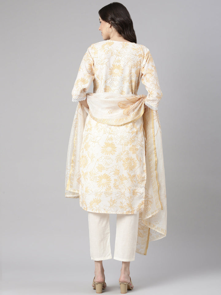 Neerus Yellow Printed Straight Kurta and Trousers With Dupatta