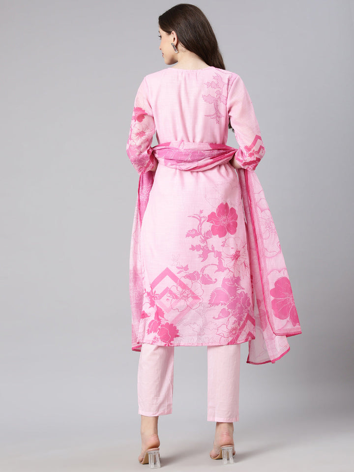 Neerus Rose pink Printed Straight Kurta and Trousers With Dupatta