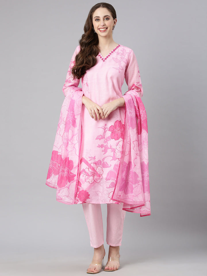 Neerus Rose pink Printed Straight Kurta and Trousers With Dupatta