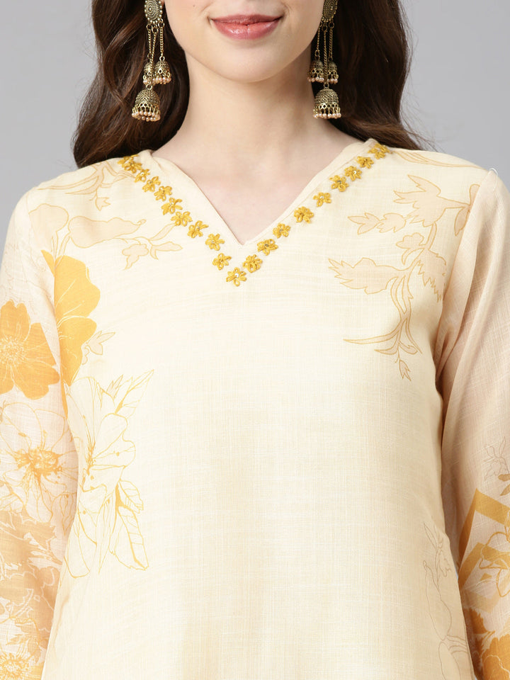 Neerus Yellow Printed Straight Kurta and Trousers With Dupatta