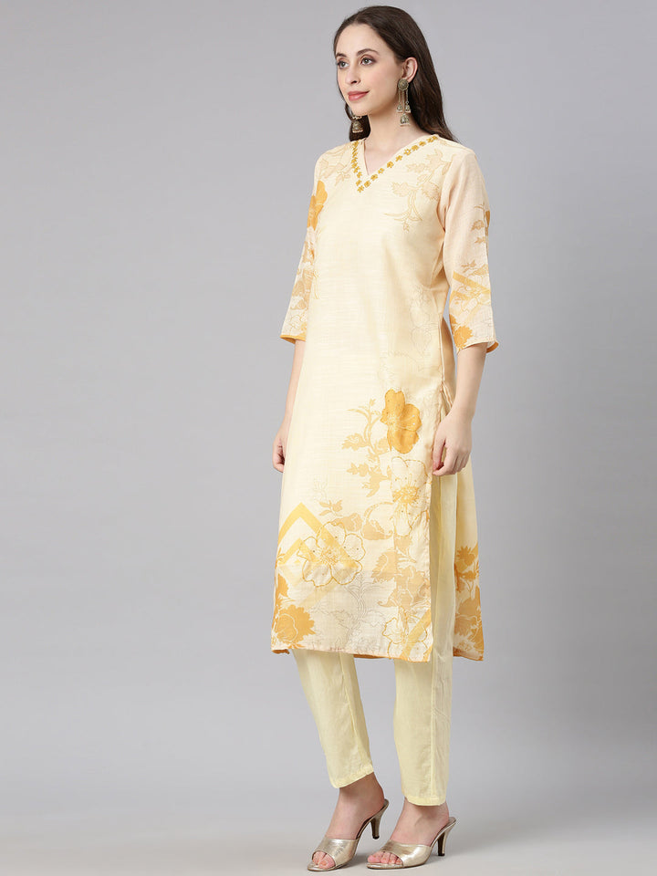 Neerus Yellow Printed Straight Kurta and Trousers With Dupatta
