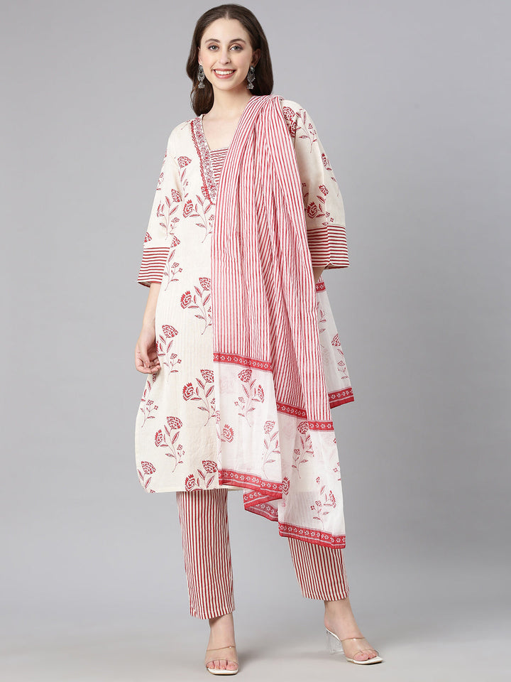 Neerus Red Printed Straight Kurta and Trousers With Dupatta