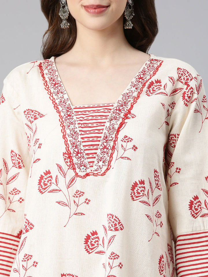 Neerus Red Printed Straight Kurta and Trousers With Dupatta
