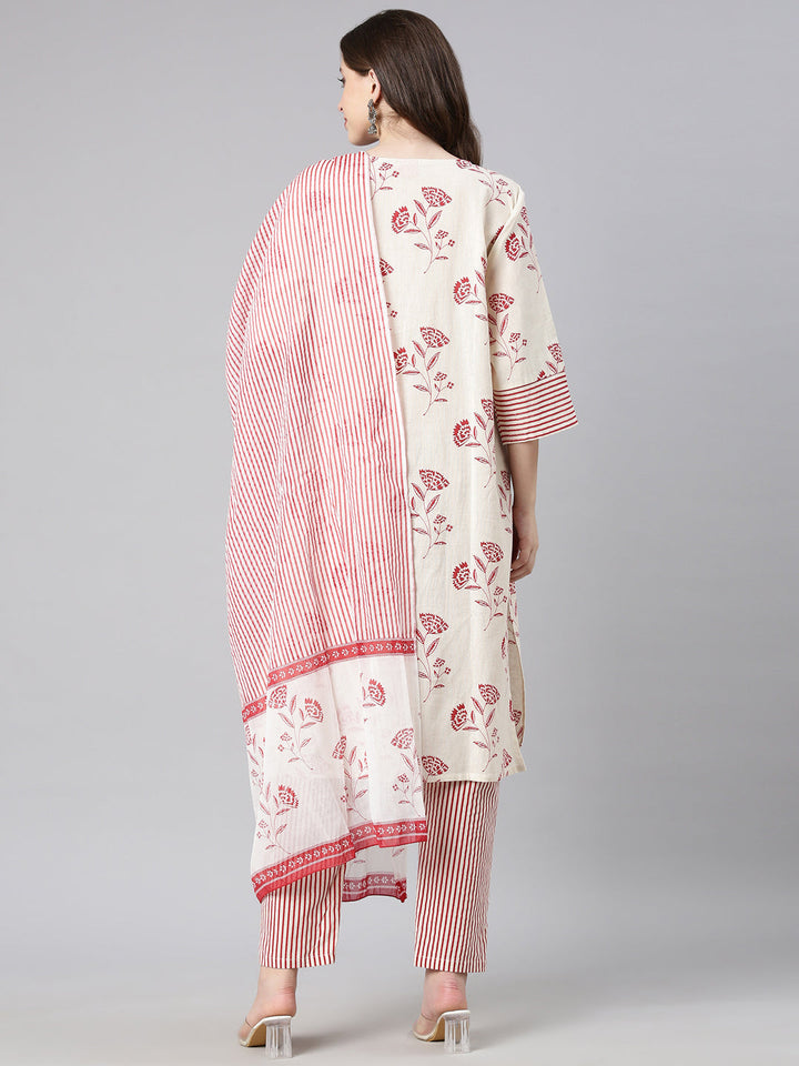 Neerus Red Printed Straight Kurta and Trousers With Dupatta