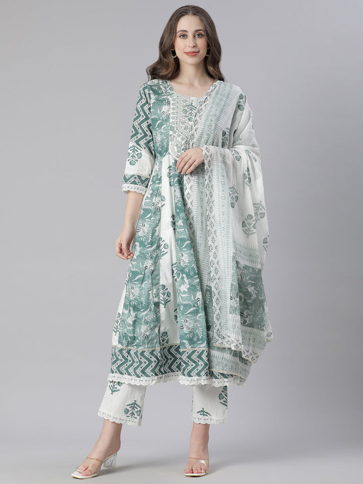 Neerus Green Printed Anarkali Kurta and Trousers With Dupatta