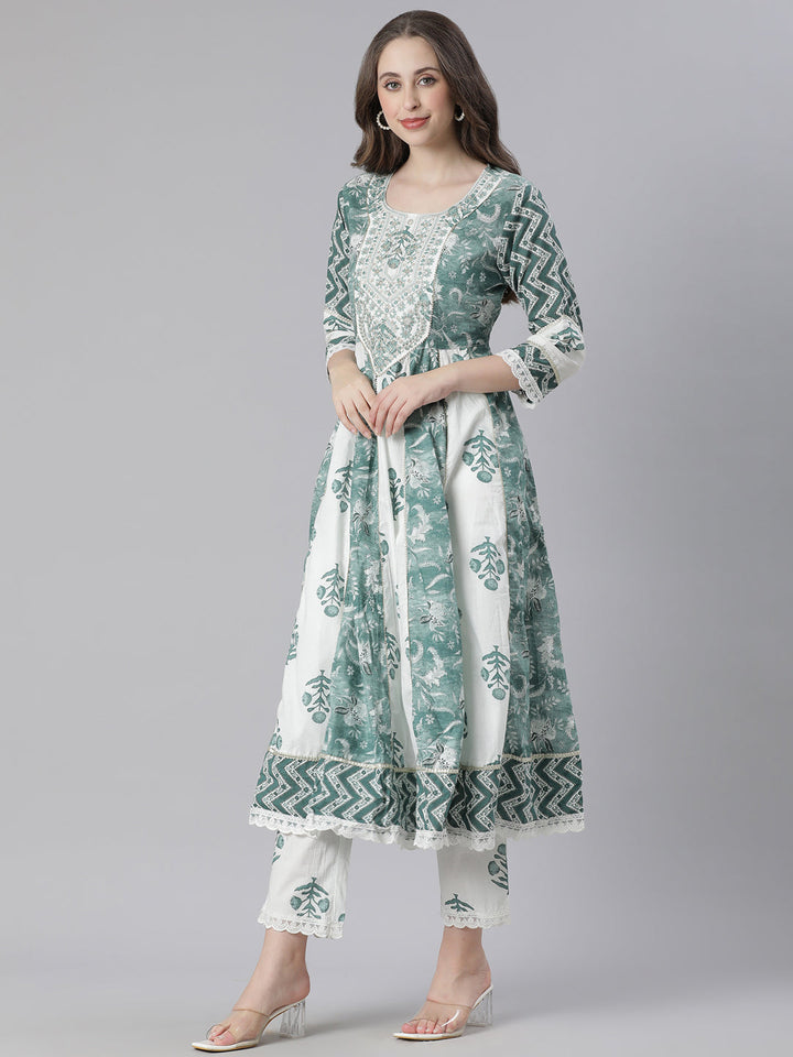 Neerus Green Printed Anarkali Kurta and Trousers With Dupatta