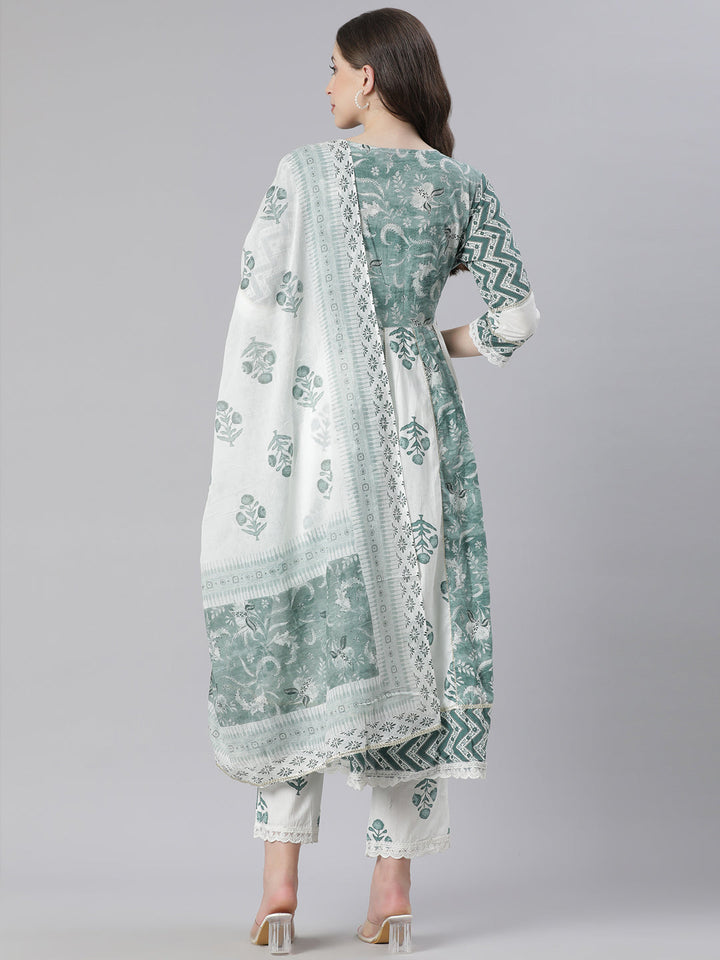 Neerus Green Printed Anarkali Kurta and Trousers With Dupatta