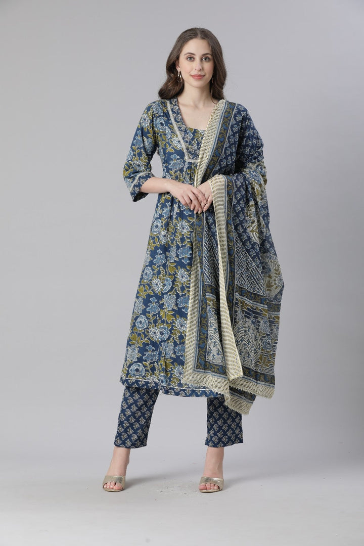 Neerus Blue Printed Anarkali Kurta and Trousers With Dupatta