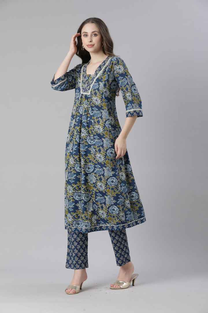 Neerus Blue Printed Anarkali Kurta and Trousers With Dupatta