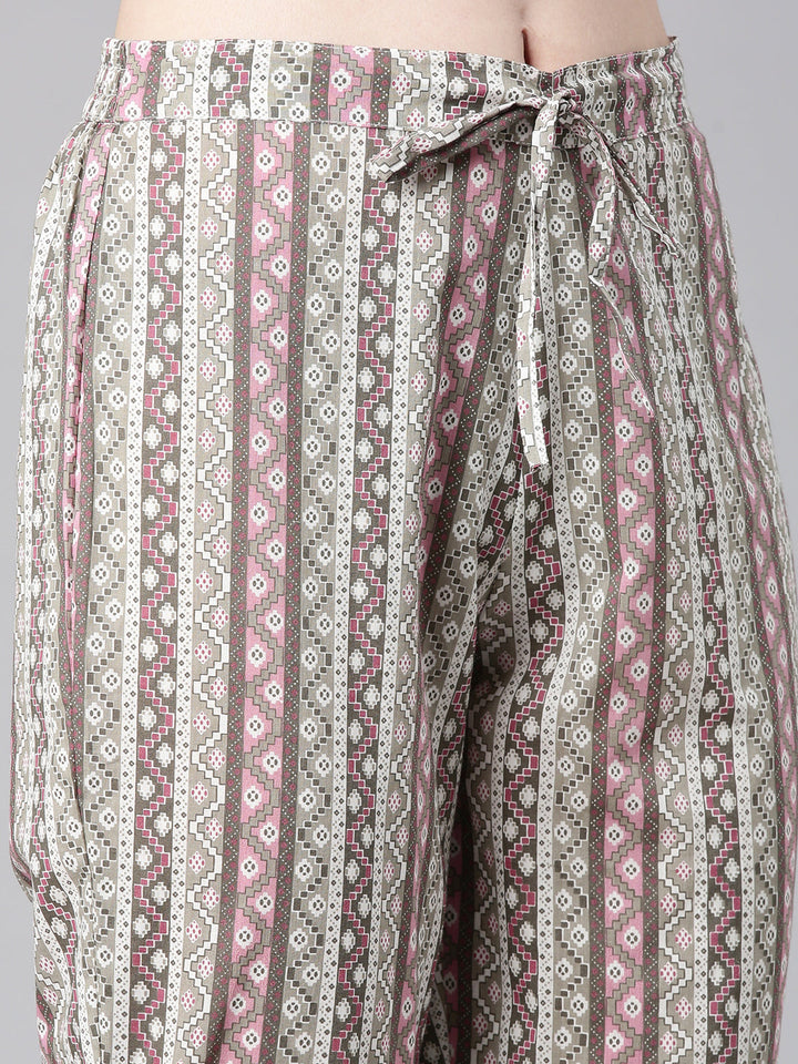 Neerus Off white Printed Anarkali Kurta and Trousers With Dupatta