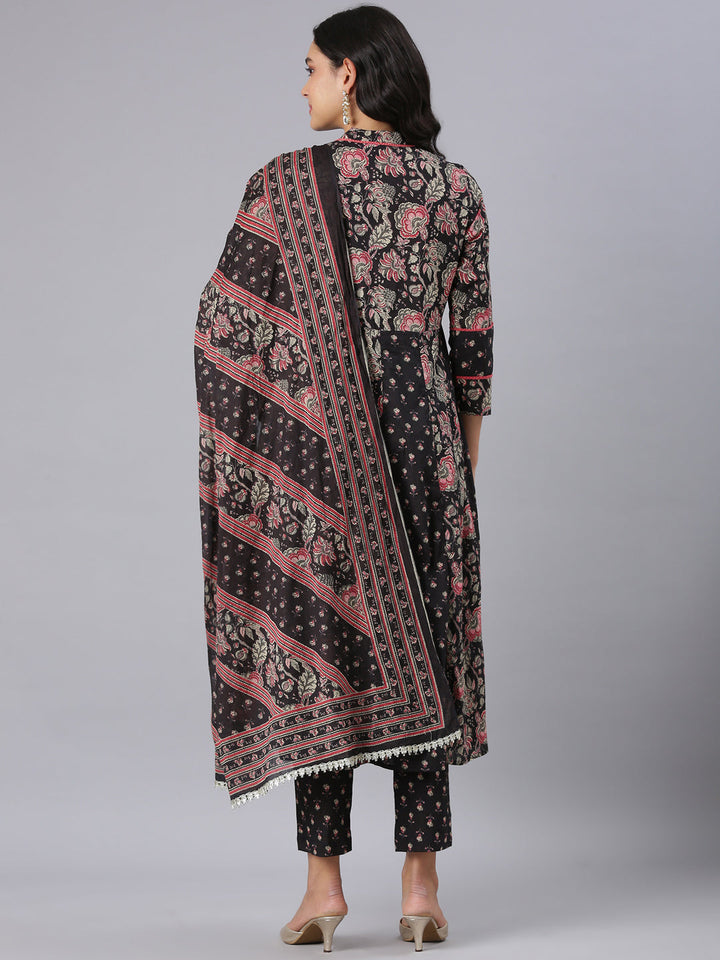 Neerus Black Printed Straight Kurta And Trousers With Dupatta