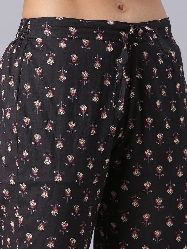 Neerus Black Printed Straight Kurta And Trousers With Dupatta
