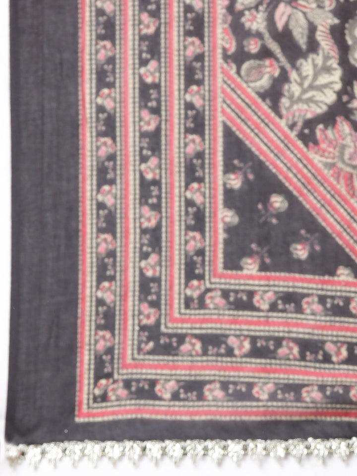 Neerus Black Printed Straight Kurta And Trousers With Dupatta