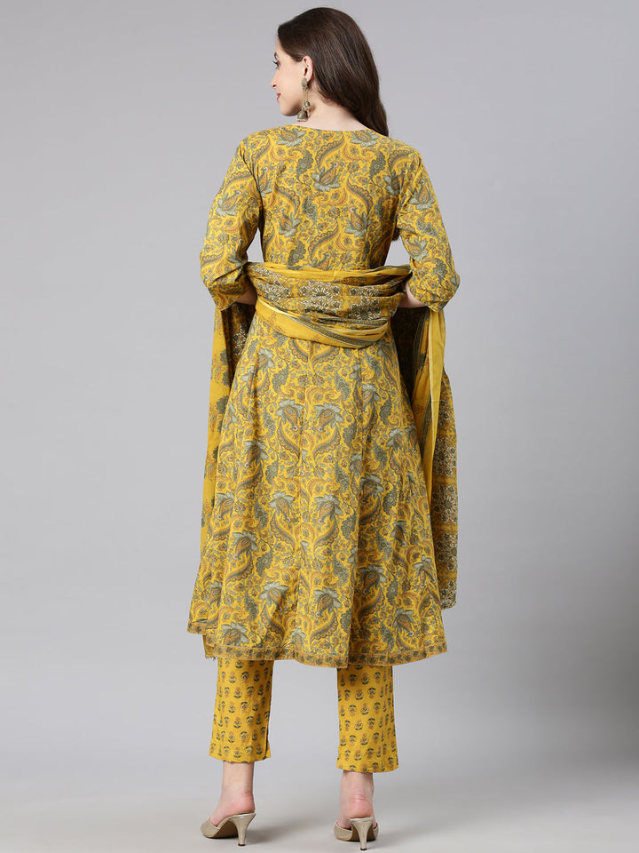 Neerus Yellow cotton printed anarkali suit set - side view