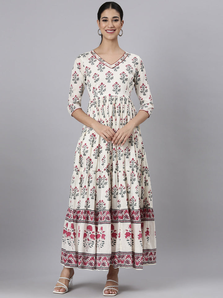 Neerus Off White Casual Maxi Floral Dresses