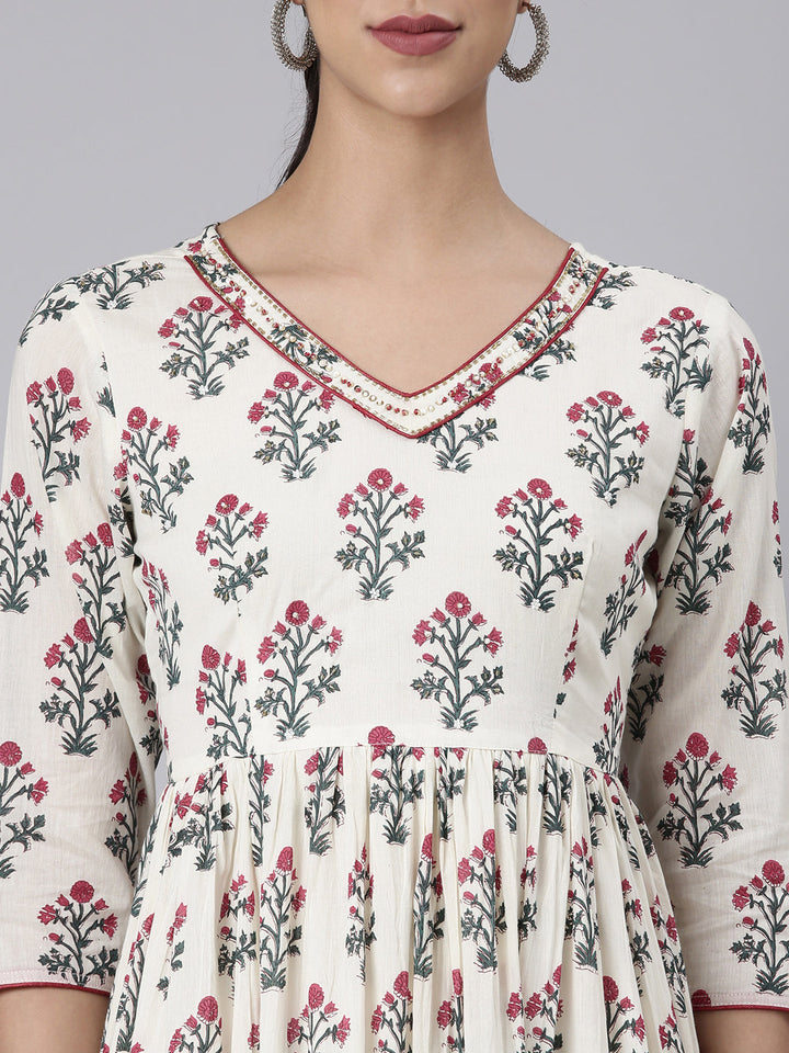 Neerus Off White Casual Maxi Floral Dresses