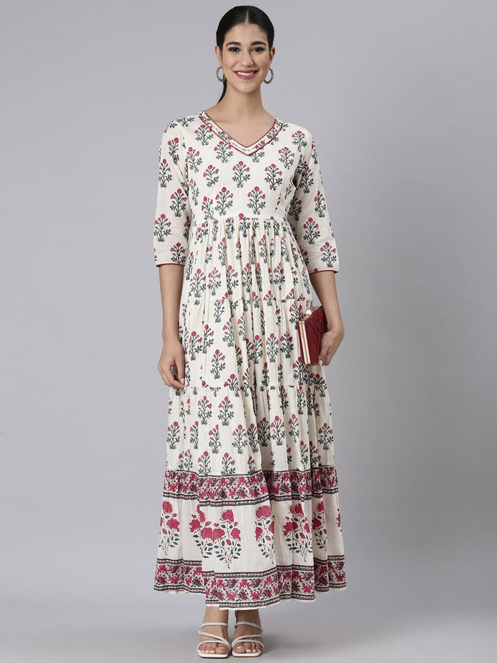 Neerus Off White Casual Maxi Floral Dresses