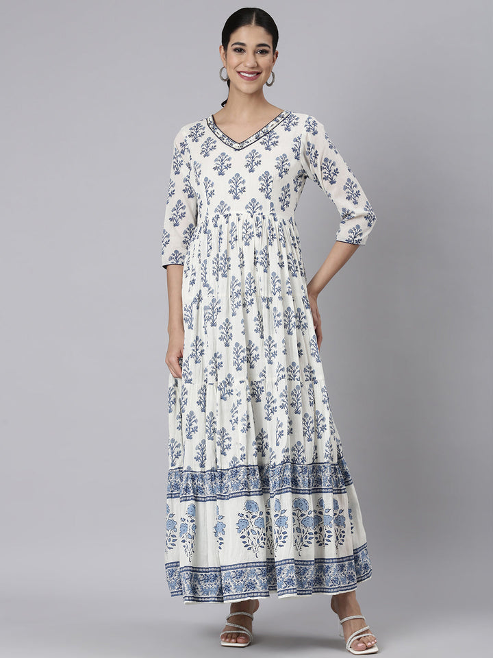 Neerus White Casual Maxi Floral Dresses