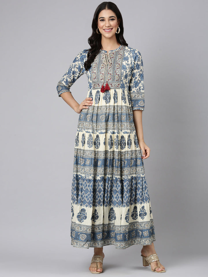 Neerus Blue Casual Tribal Maxi Dresses