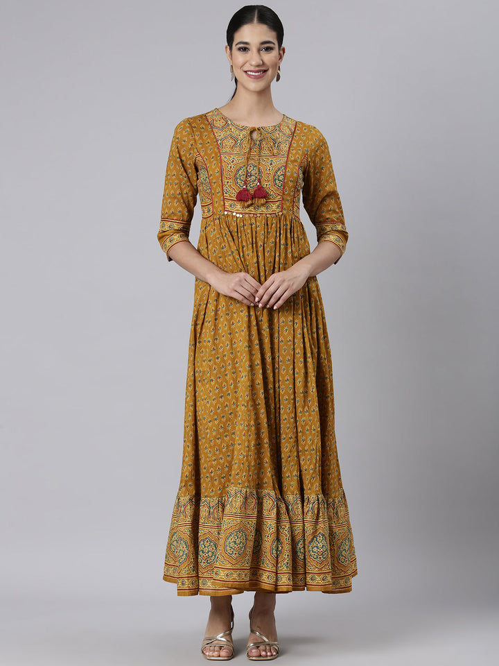 Neerus Mustard Casual Maxi Floral Dresses