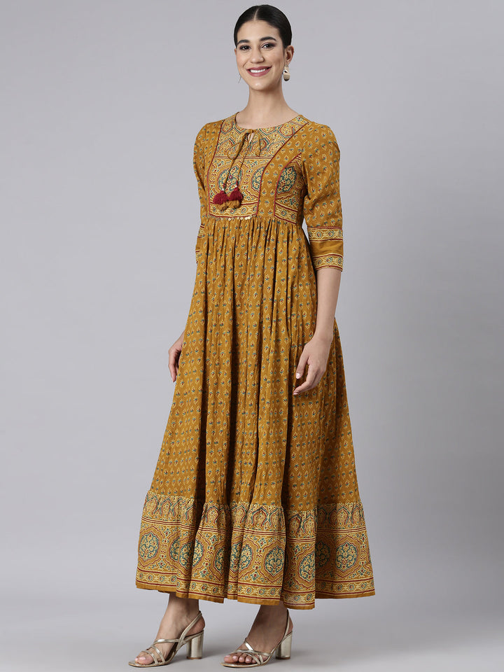 Neerus Mustard Casual Maxi Floral Dresses