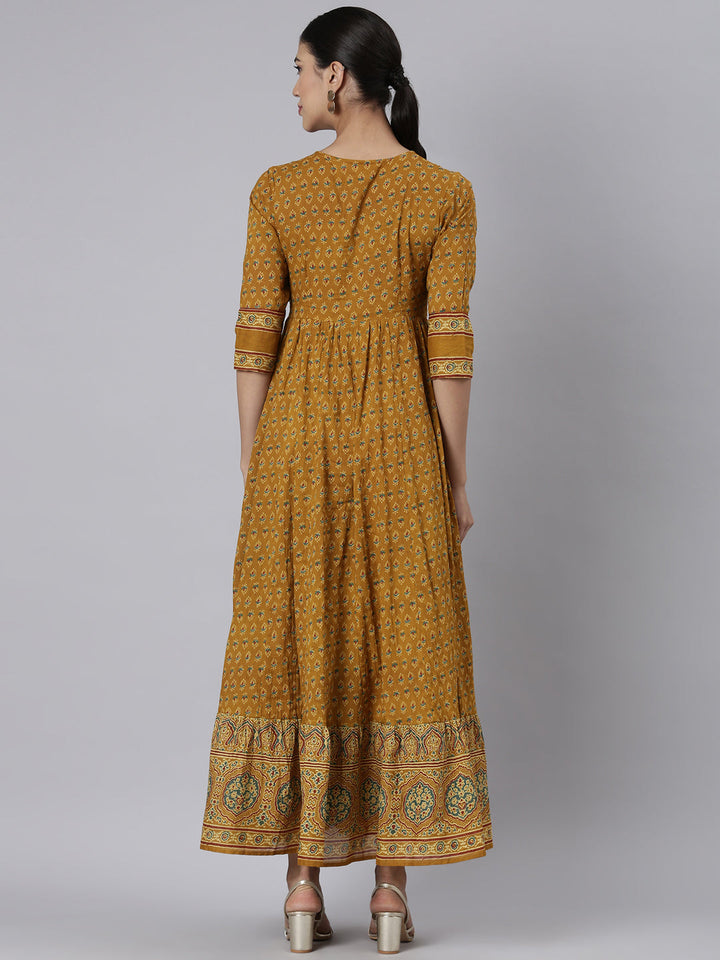 Neerus Mustard Casual Maxi Floral Dresses