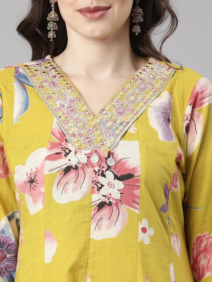 Neerus Yellow Printed Anarkali Kurta and Trousers With Dupatta