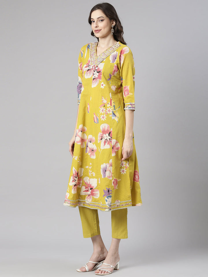 Neerus Yellow Printed Anarkali Kurta and Trousers With Dupatta