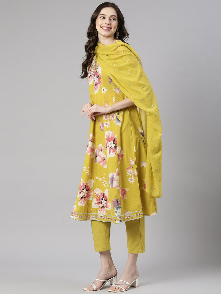 Neerus Yellow Printed Anarkali Kurta and Trousers With Dupatta
