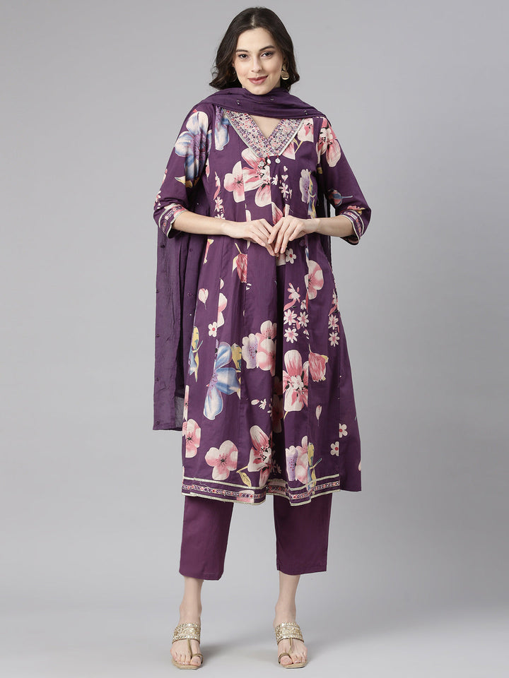 Neerus Purple Printed Anarkali Kurta and Trousers With Dupatta