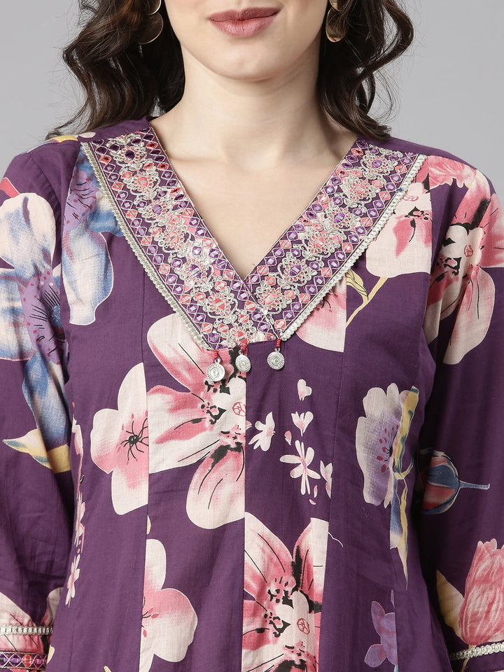 Neerus Purple Printed Anarkali Kurta and Trousers With Dupatta