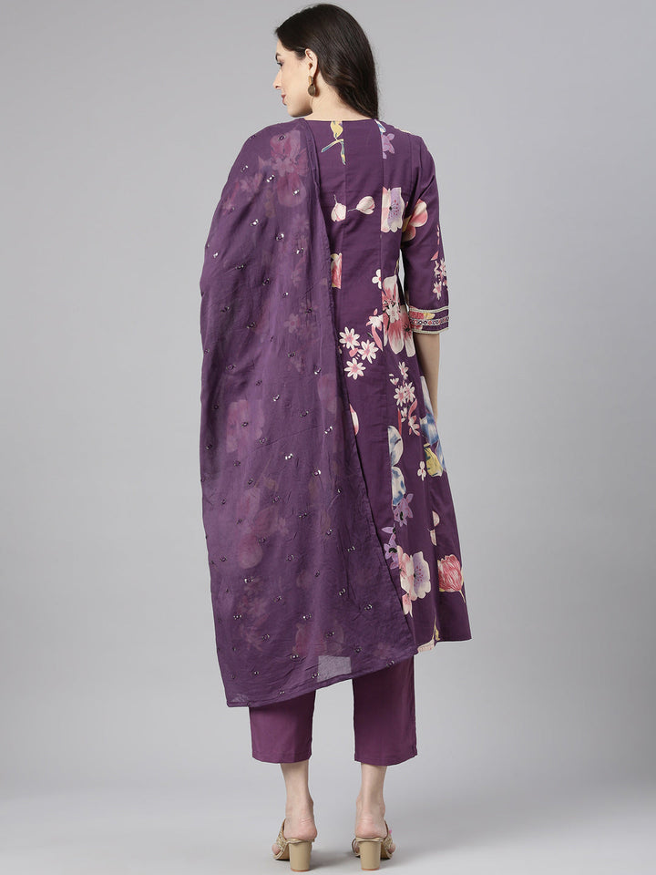 Neerus Purple Printed Anarkali Kurta and Trousers With Dupatta