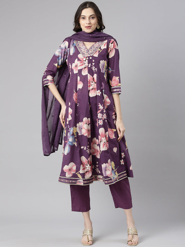Neerus Purple Printed Anarkali Kurta and Trousers With Dupatta