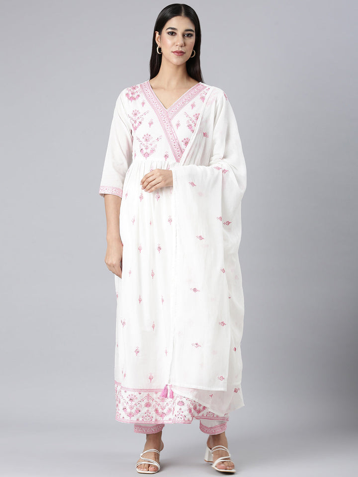 Neerus Pink Embroidered Curved Kurta and Trousers With Dupatta
