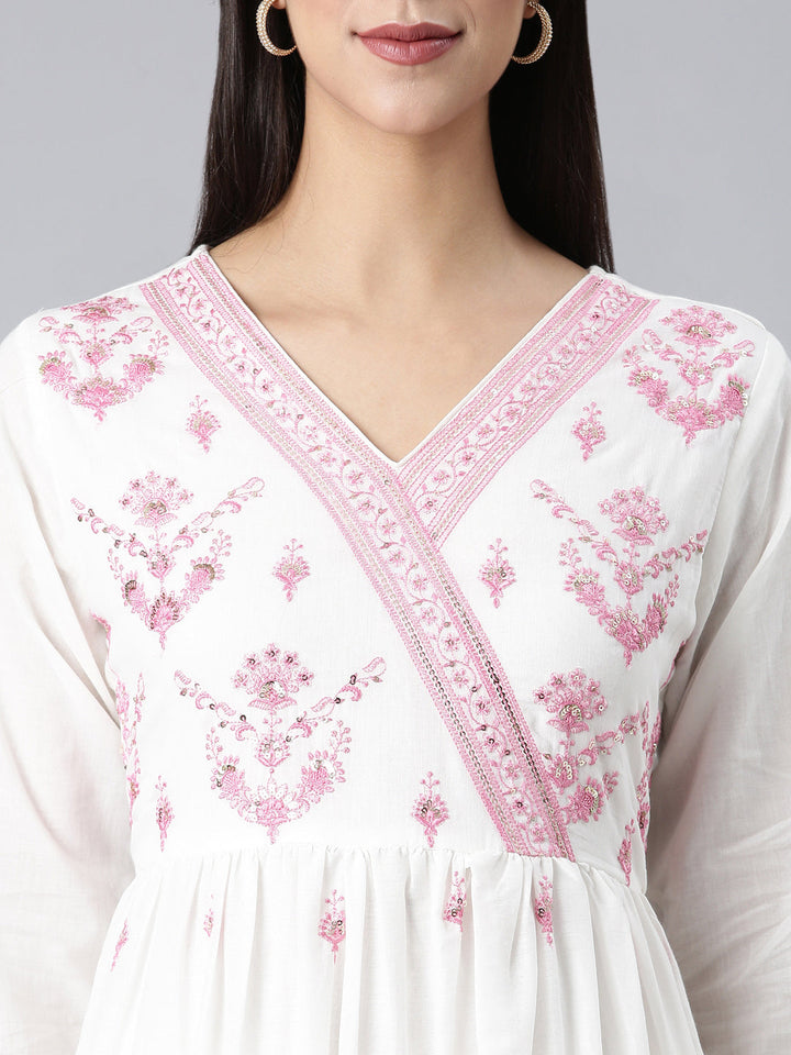 Neerus Pink Embroidered Curved Kurta and Trousers With Dupatta