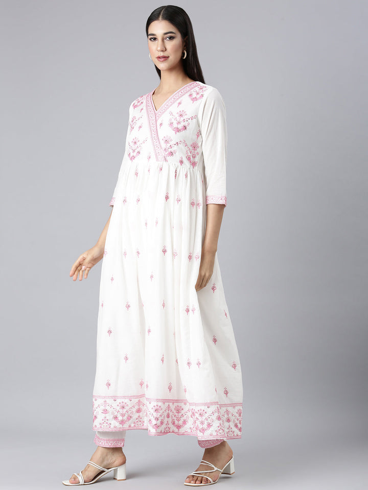 Neerus Pink Embroidered Curved Kurta and Trousers With Dupatta