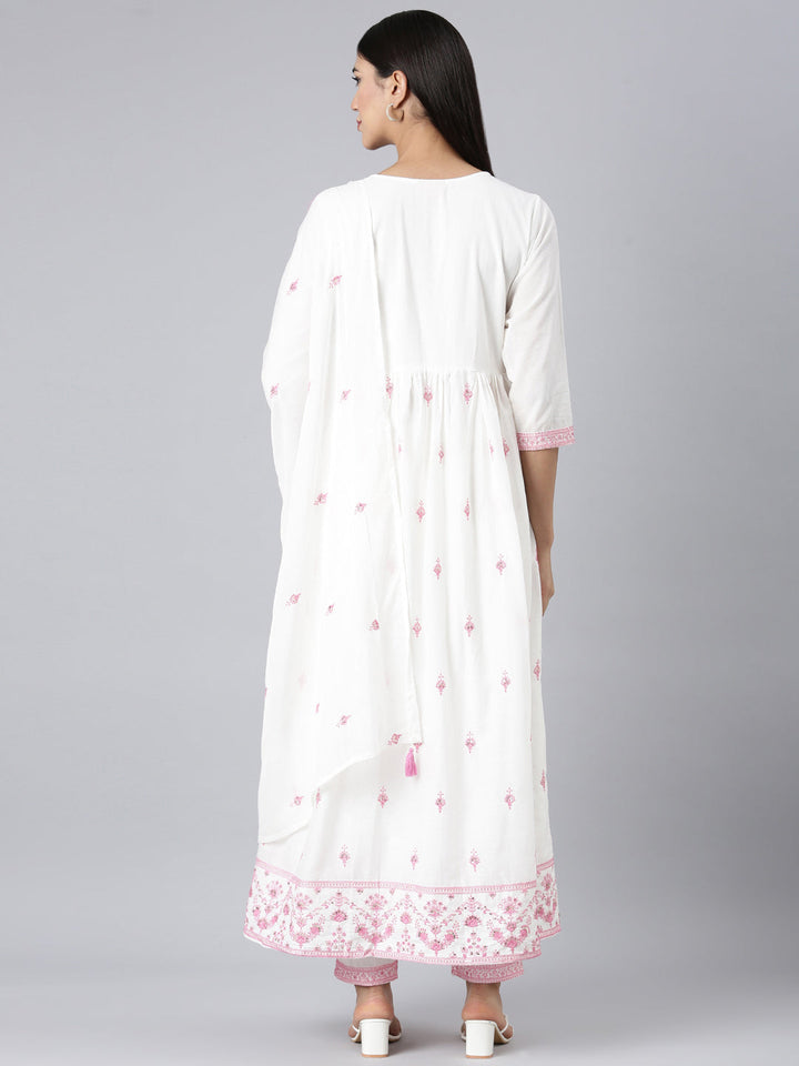 Neerus Pink Embroidered Curved Kurta and Trousers With Dupatta