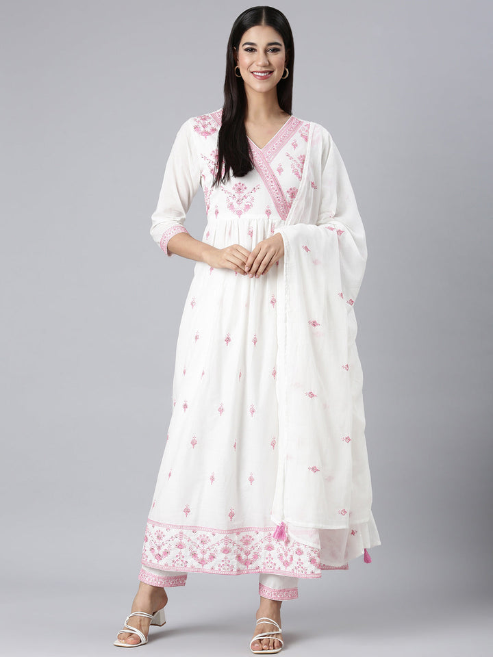 Neerus Pink Embroidered Curved Kurta and Trousers With Dupatta