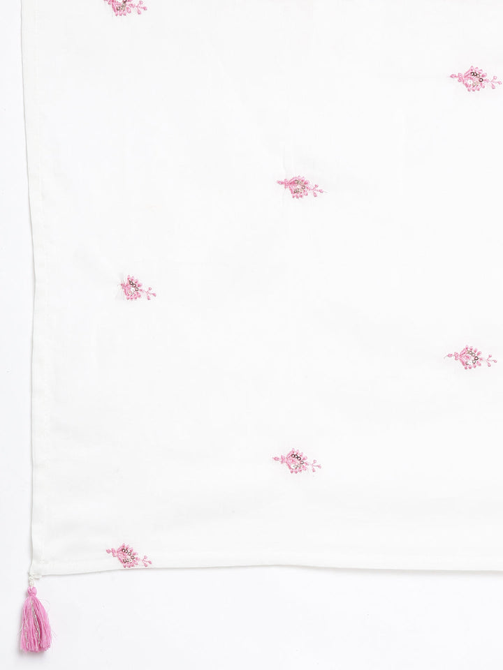 Neerus Pink Embroidered Curved Kurta and Trousers With Dupatta